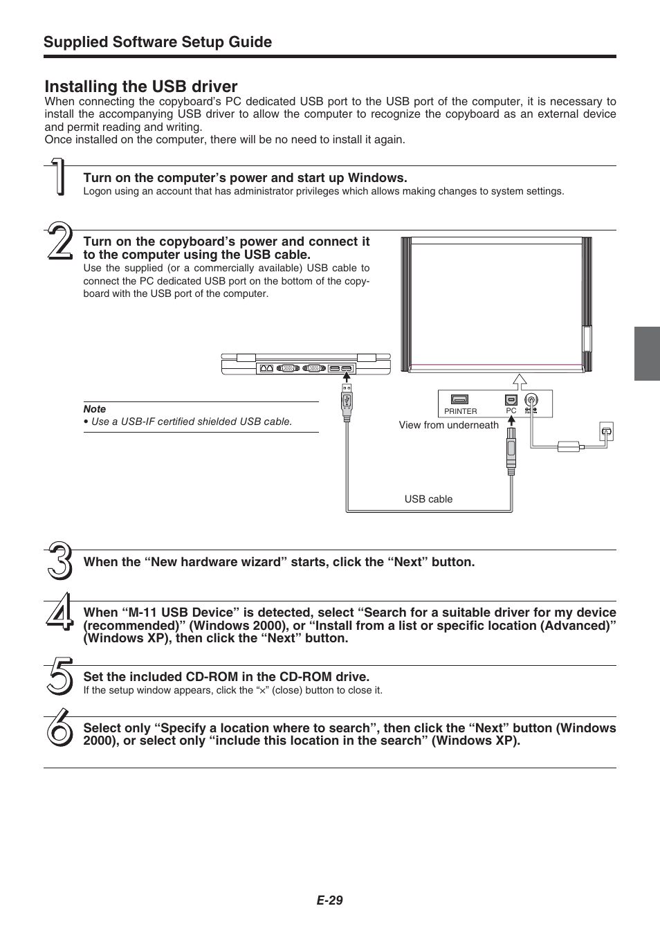 Installing the usb driver, Supplied software setup guide | Plus Corporation COPYBOARD M-115 User Manual | Page 29 / 36