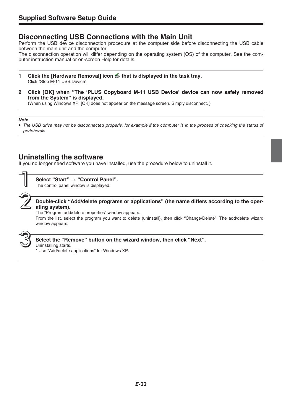 Disconnecting usb connections with the main unit, Uninstalling the software, Supplied software setup guide | Plus Corporation COPYBOARD M-115 User Manual | Page 33 / 36