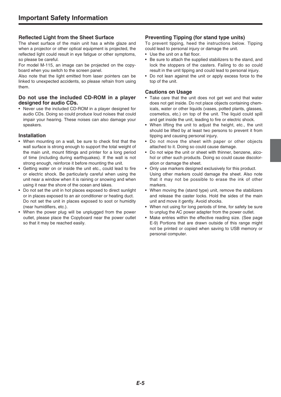 Important safety information | Plus Corporation COPYBOARD M-115 User Manual | Page 5 / 36