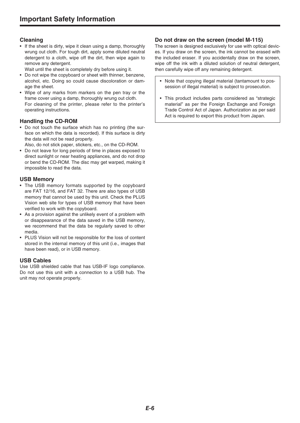 Important safety information | Plus Corporation COPYBOARD M-115 User Manual | Page 6 / 36