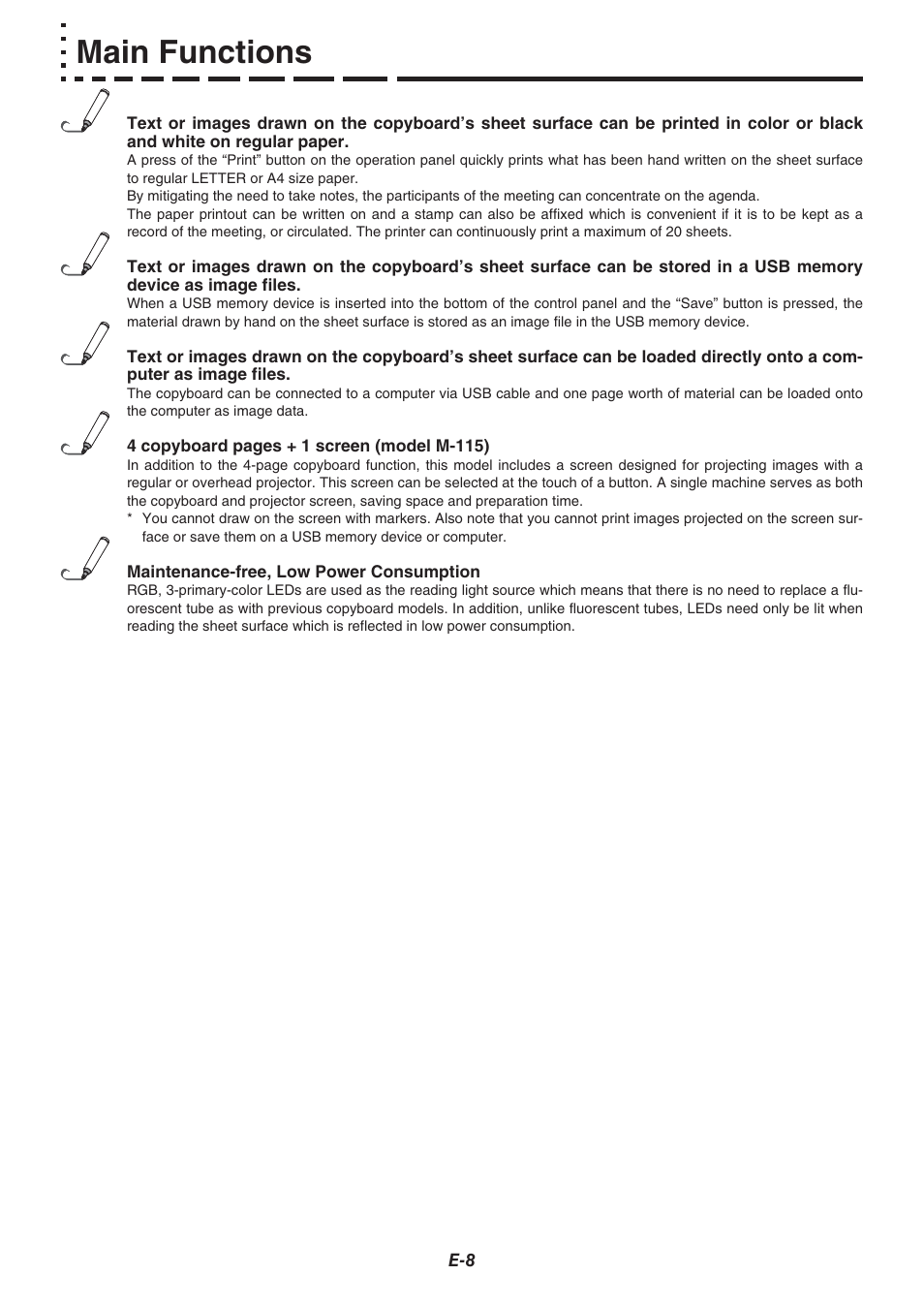 Main functions | Plus Corporation COPYBOARD M-115 User Manual | Page 8 / 36