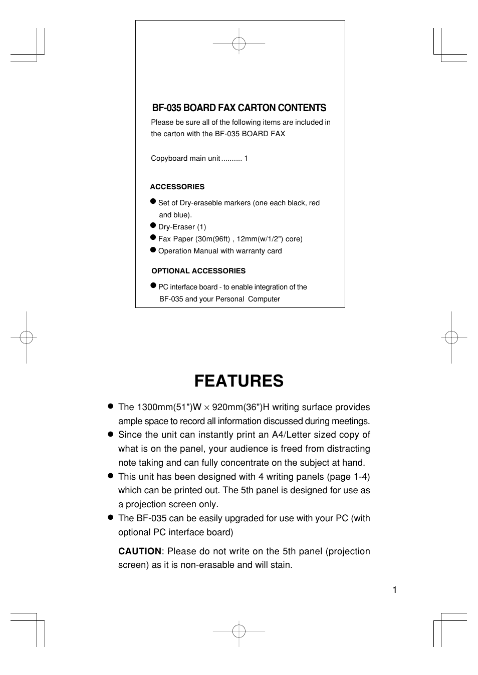 Features, Bf-035 board fax carton contents | Plus Corporation BOARD FAX BF-035 User Manual | Page 5 / 14
