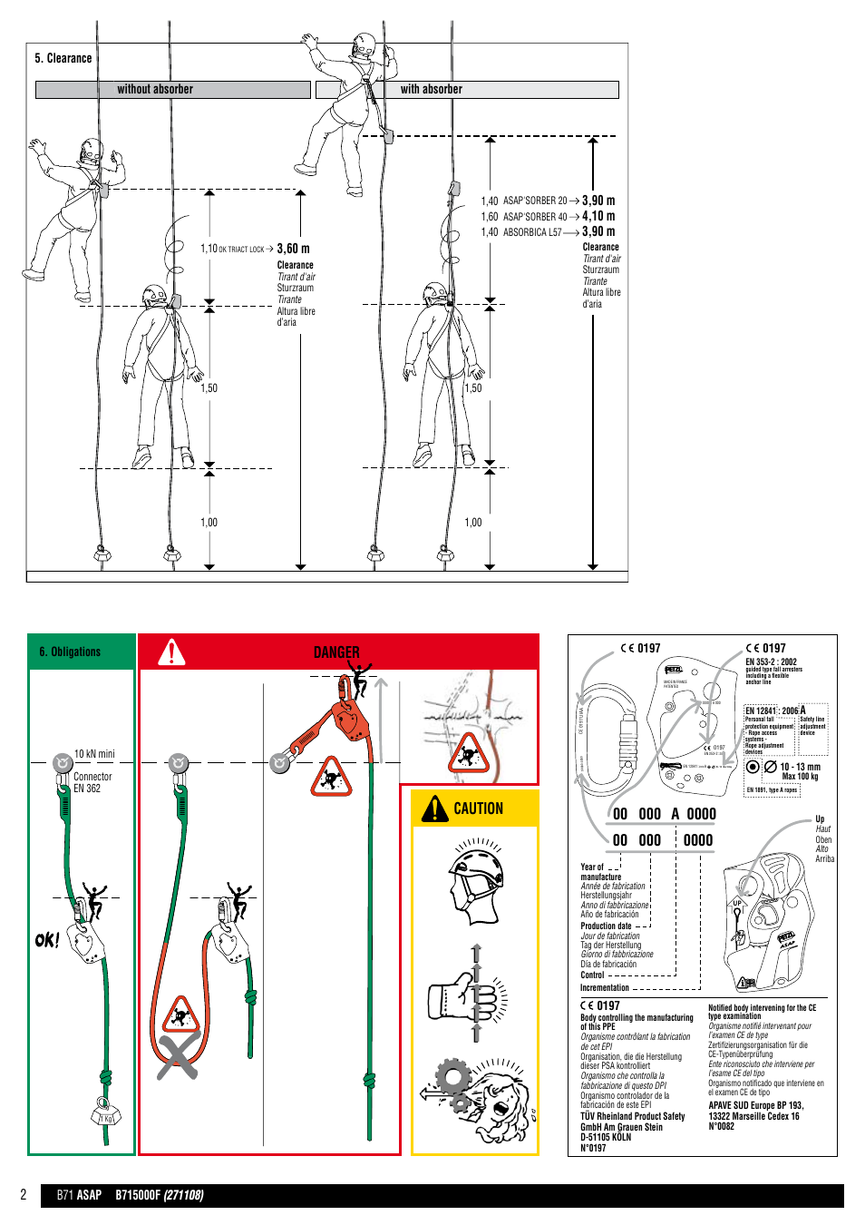 Drawings, Caution, Danger | Obligations, 3,60 m | Petzl ASAP B71 User Manual | Page 2 / 23