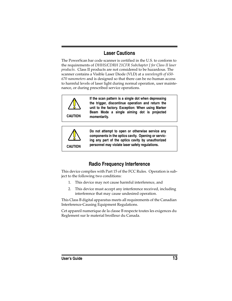 Laser cautions, Radio frequency interference, Laser cautions radio frequency interference | 13 laser cautions | PSC SR User Manual | Page 15 / 20