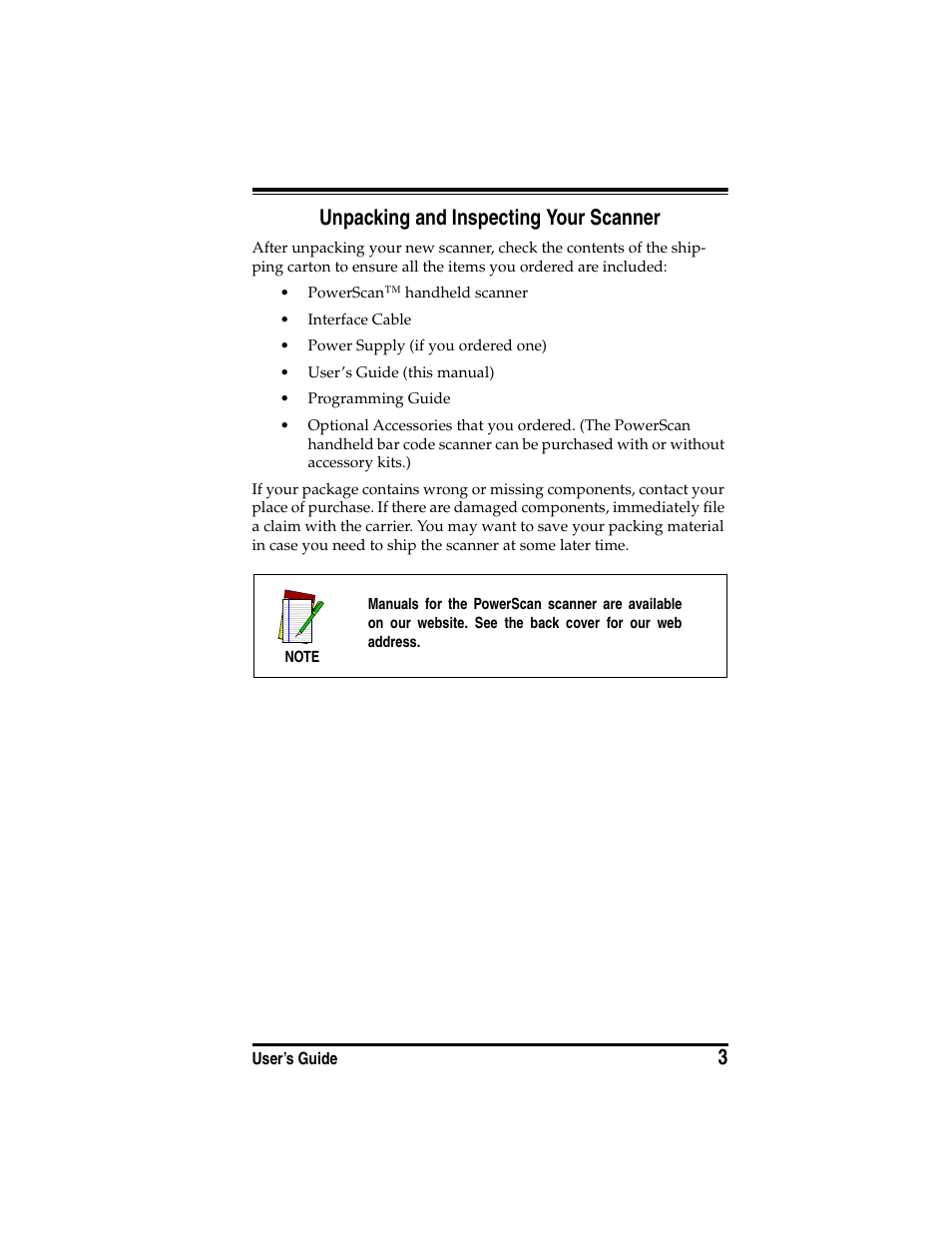 Unpacking and inspecting your scanner, 3unpacking and inspecting your scanner | PSC SR User Manual | Page 5 / 20