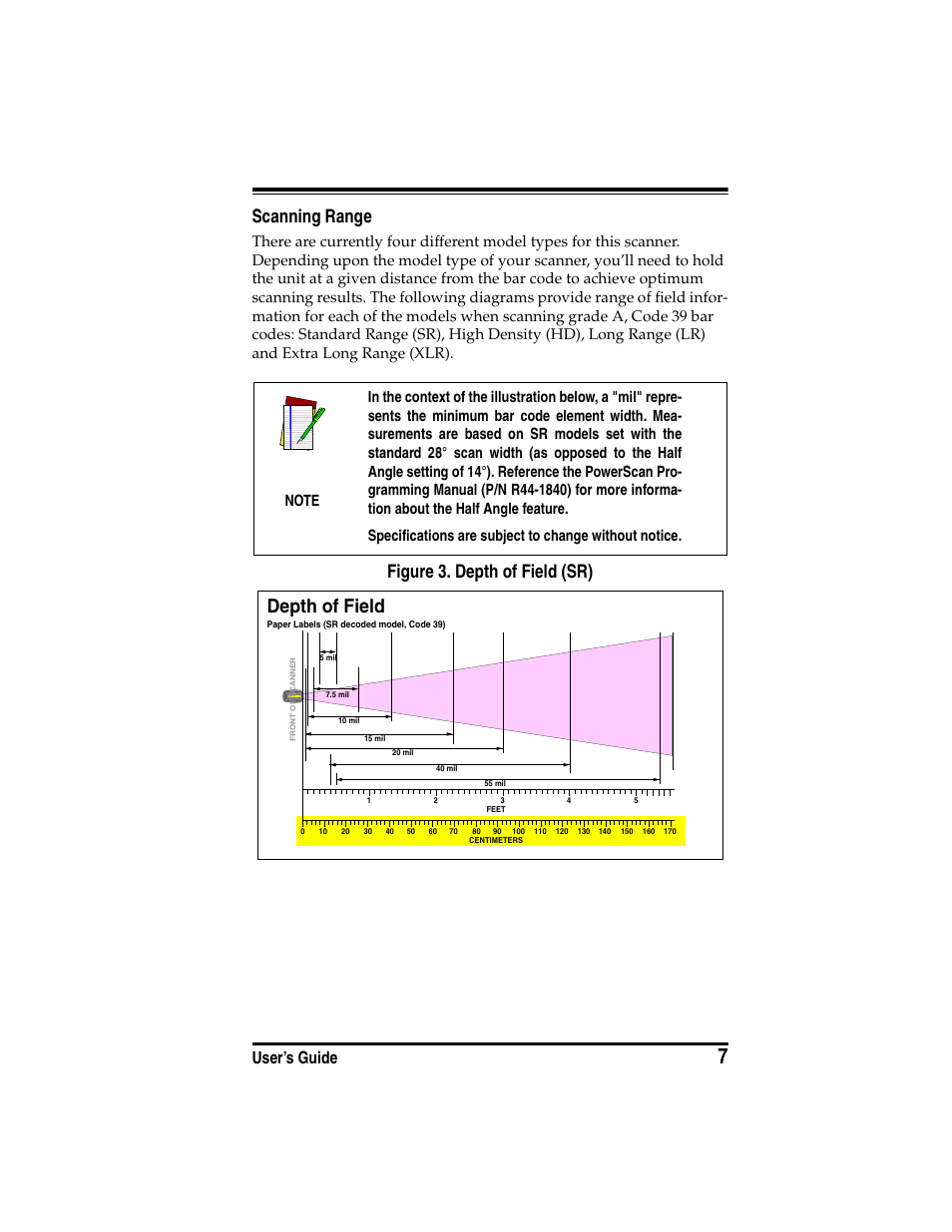 Scanning range, Depth of field, Figure 3. depth of field (sr) | User’s guide | PSC SR User Manual | Page 9 / 20