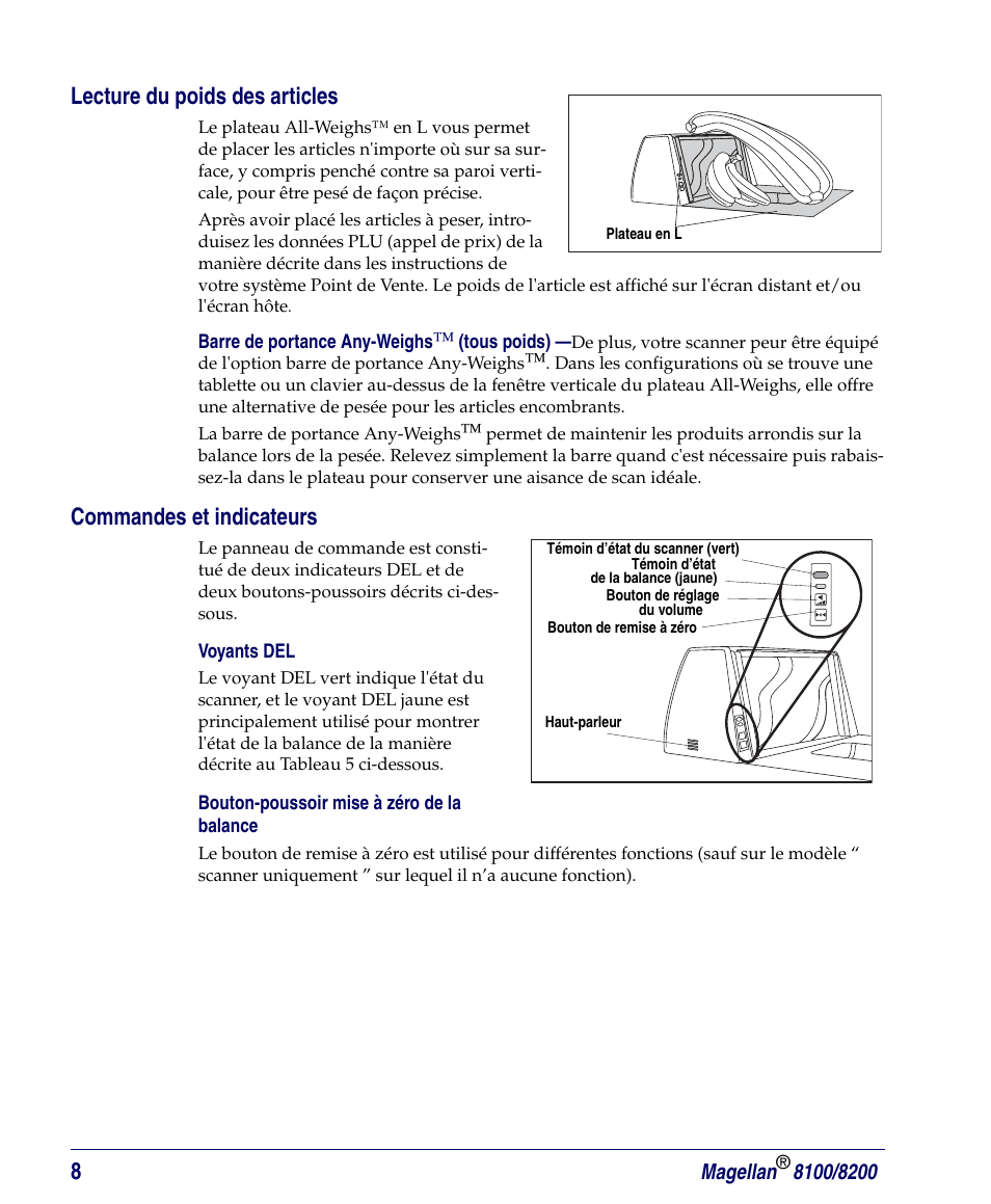Lecture du poids des articles, Commandes et indicateurs, Voyants del | Bouton-poussoir mise à zéro de la balance | PSC Magellan 8200 User Manual | Page 14 / 56