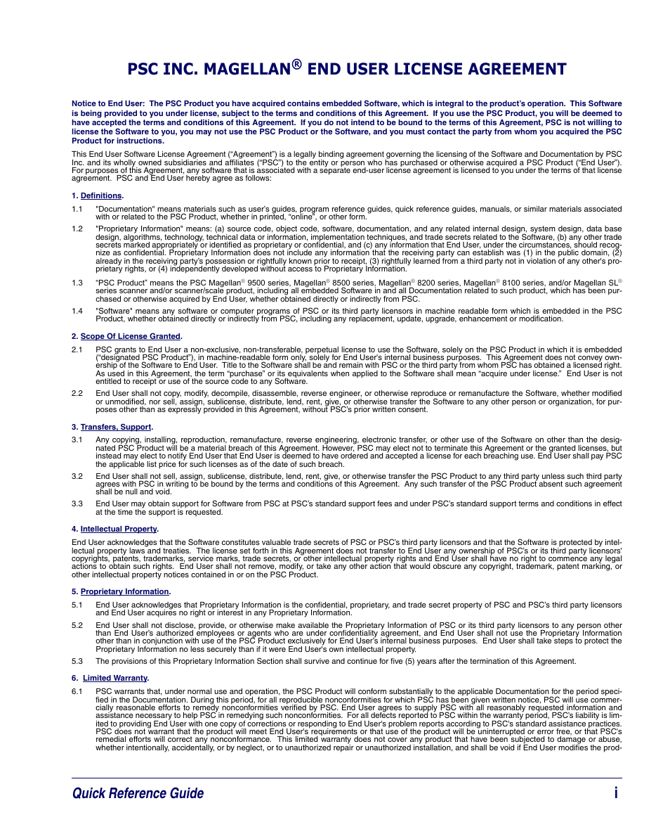 Ipsc inc. magellan, End user license agreement, Quick reference guide | PSC Magellan 8200 User Manual | Page 3 / 56
