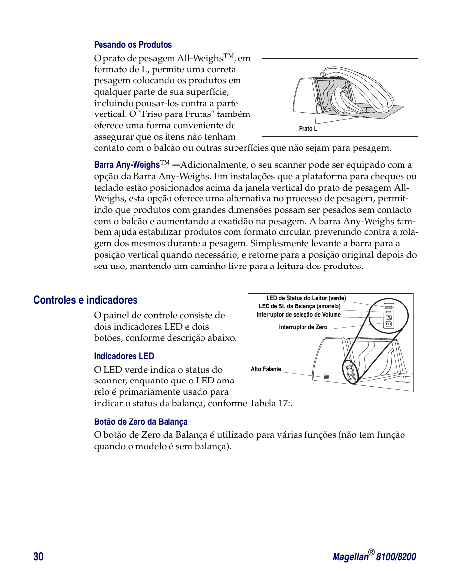 Pesando os produtos, Controles e indicadores, Indicadores led | Botão de zero da balança | PSC Magellan 8200 User Manual | Page 36 / 56