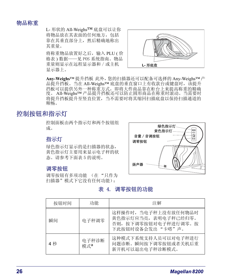 物品称重, 控制按钮和指示灯, 调零按钮 | 表 4. 调零按钮的功能 | PSC Magellan 8200 User Manual | Page 42 / 56