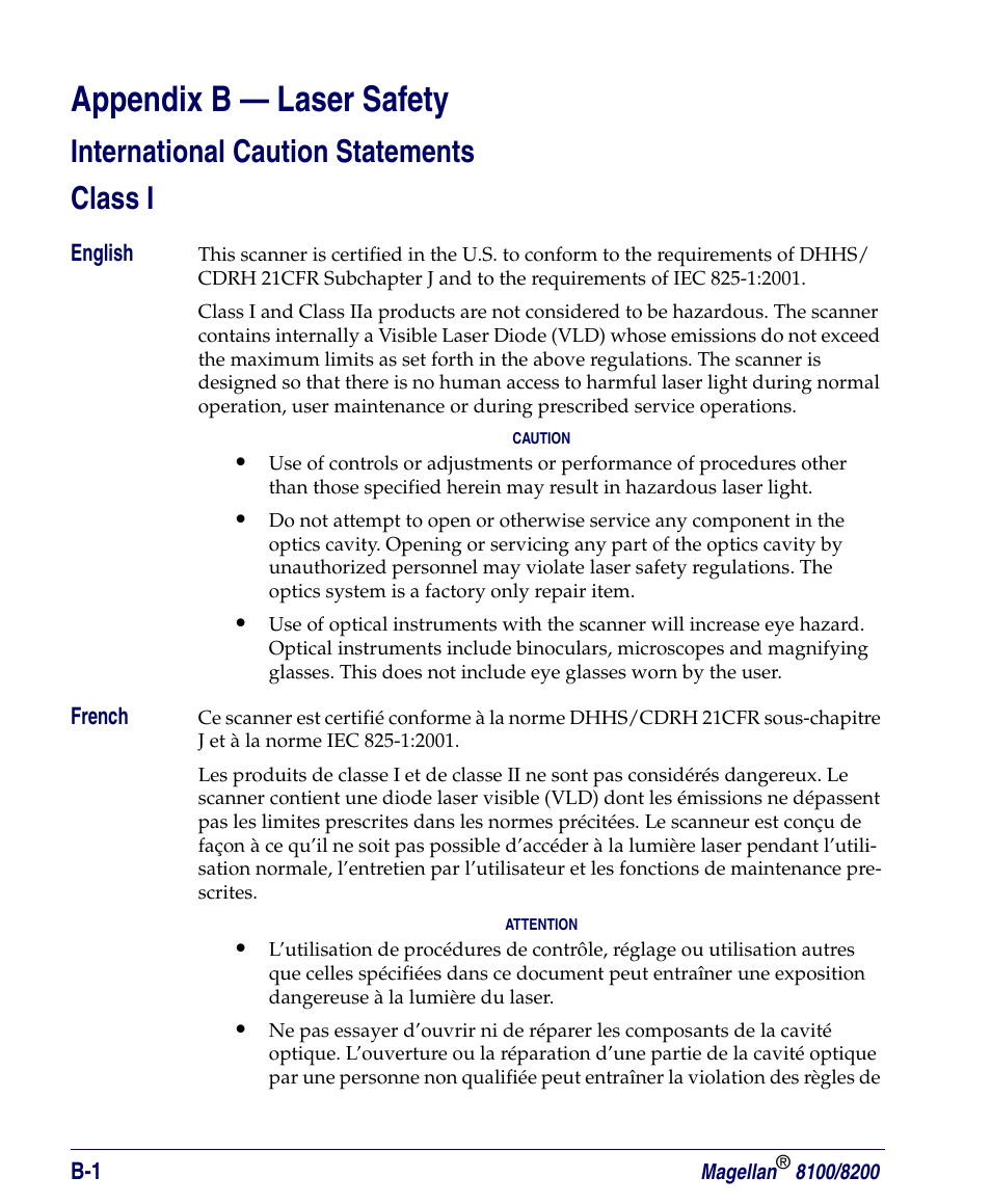 Appendix b - laser safety, International caution statements, Class i | Appendix b — laser safety, International caution statements class i | PSC Magellan 8200 User Manual | Page 46 / 56