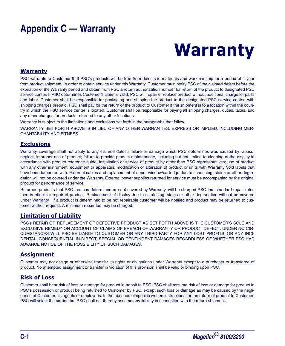Appendix c - warranty, Warranty, Appendix c — warranty | PSC Magellan 8200 User Manual | Page 54 / 56