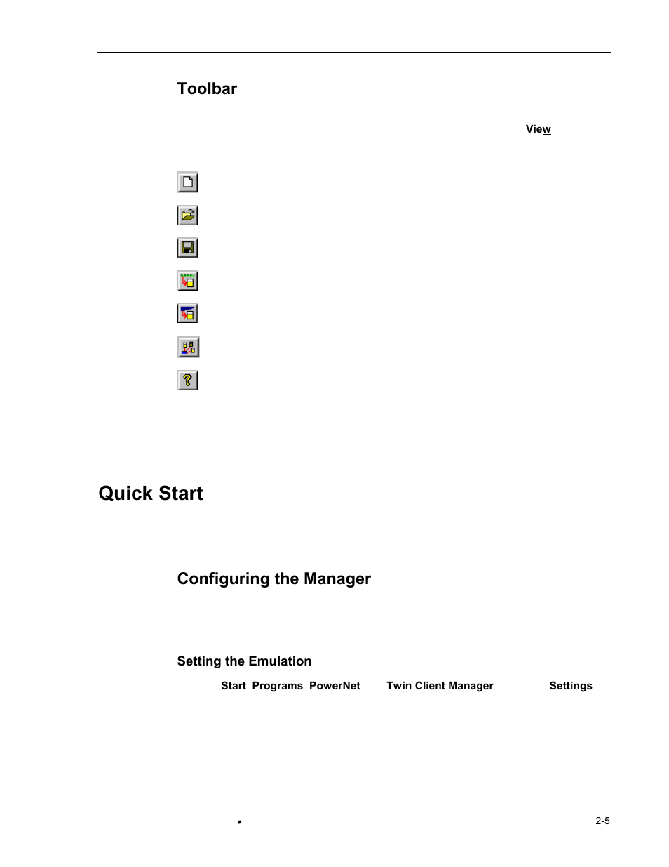 Quick start, Toolbar, Configuring the manager | PSC FALCON 315 User Manual | Page 13 / 84