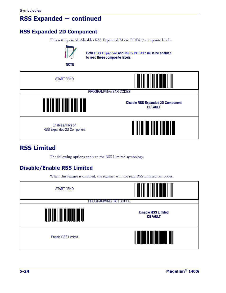 Rss expanded 2d component, Rss limited, Disable/enable rss limited | Rss expanded 2d component -24, Rss limited -24, Disable/enable rss limited -24, Rss expanded — continued | PSC 1400I User Manual | Page 100 / 180