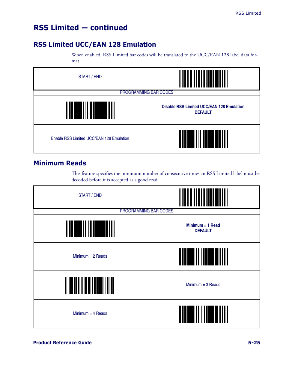 Rss limited ucc/ean 128 emulation, Minimum reads, Rss limited — continued | PSC 1400I User Manual | Page 101 / 180