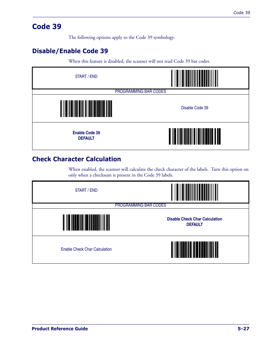 Code 39, Disable/enable code 39, Check character calculation | Code 39 -27 | PSC 1400I User Manual | Page 103 / 180