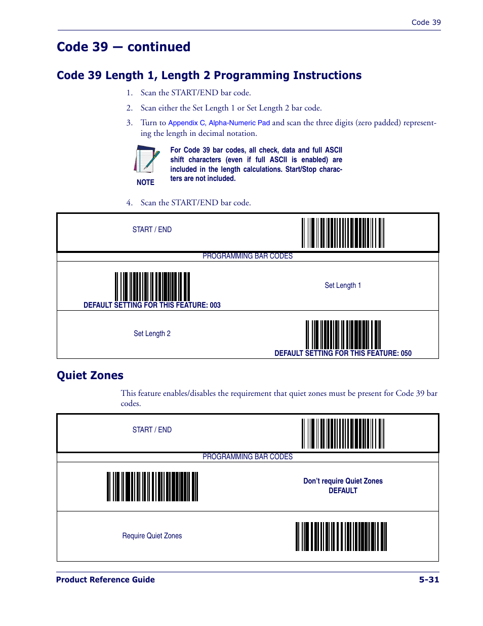 Quiet zones, Code 39 length 1, length 2 program, Ming instructions | Belo, Ing the, Code 39 length 1, length 2 pro, Gramming instructions, Code 39 — continued | PSC 1400I User Manual | Page 107 / 180