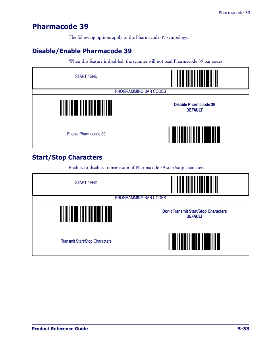 Pharmacode 39, Disable/enable pharmacode 39, Start/stop characters | Pharmacode 39 -33 | PSC 1400I User Manual | Page 109 / 180