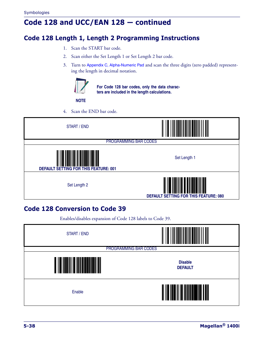 Code 128 conversion to code 39, Code 128 length 1, length 2 pro, Gramming instructions | Ing the, Code 128 length 1, length 2, Programming instructions | PSC 1400I User Manual | Page 114 / 180