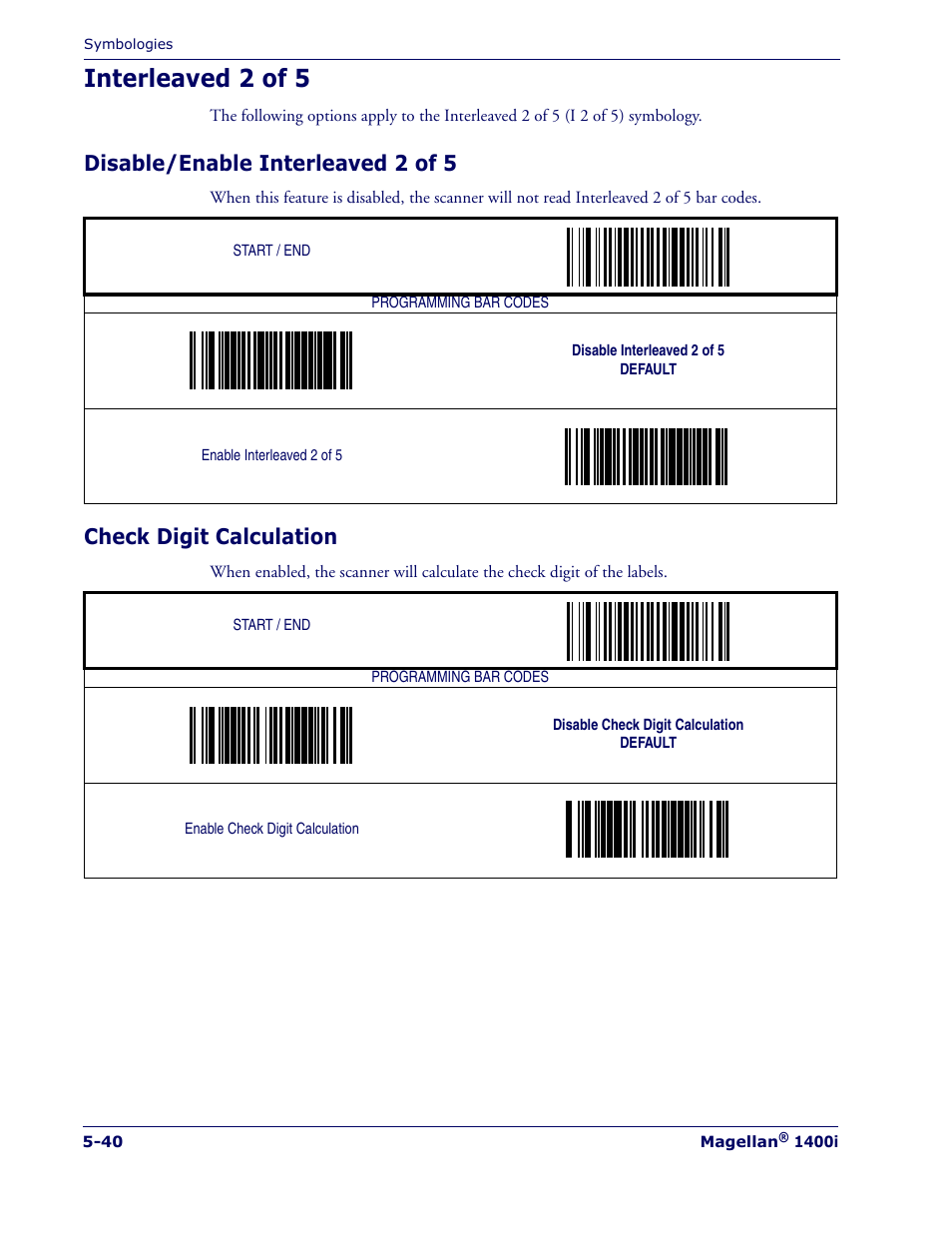 Interleaved 2 of 5, Disable/enable interleaved 2 of 5, Check digit calculation | Interleaved 2 of 5 -40 | PSC 1400I User Manual | Page 116 / 180
