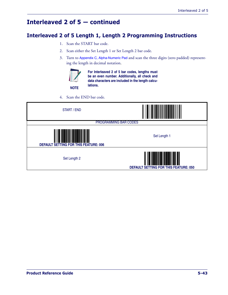 Interleaved 2 of 5 length 1, length 2, Programming instructions, Ing the | Interleaved 2 of 5 length 1, length, 2 programming instructions, Belo, Interleaved 2 of 5 length 1, Length 2 programming instructions, Interleaved 2 of 5 — continued | PSC 1400I User Manual | Page 119 / 180