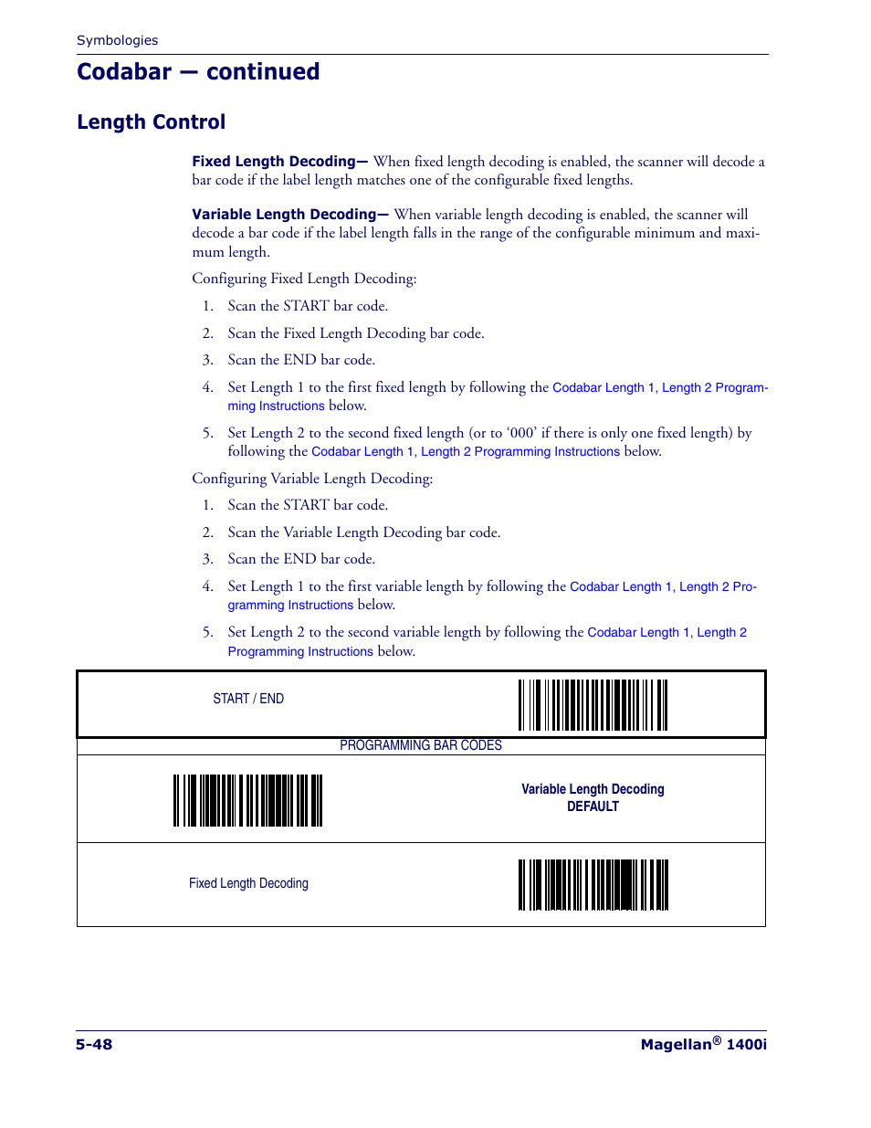 Length control, Length control -48, Codabar — continued | PSC 1400I User Manual | Page 124 / 180