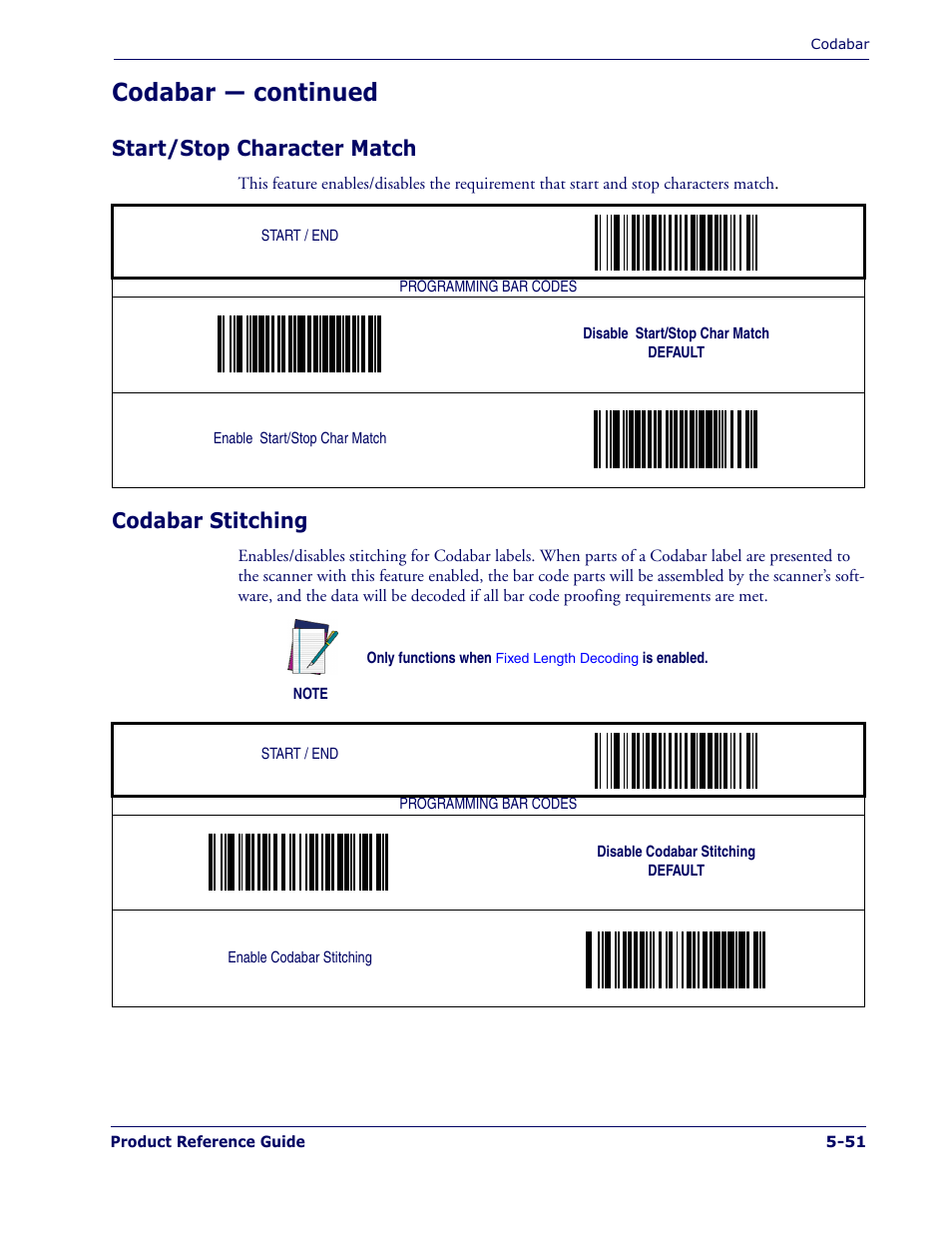 Start/stop character match, Codabar stitching, Codabar — continued | PSC 1400I User Manual | Page 127 / 180