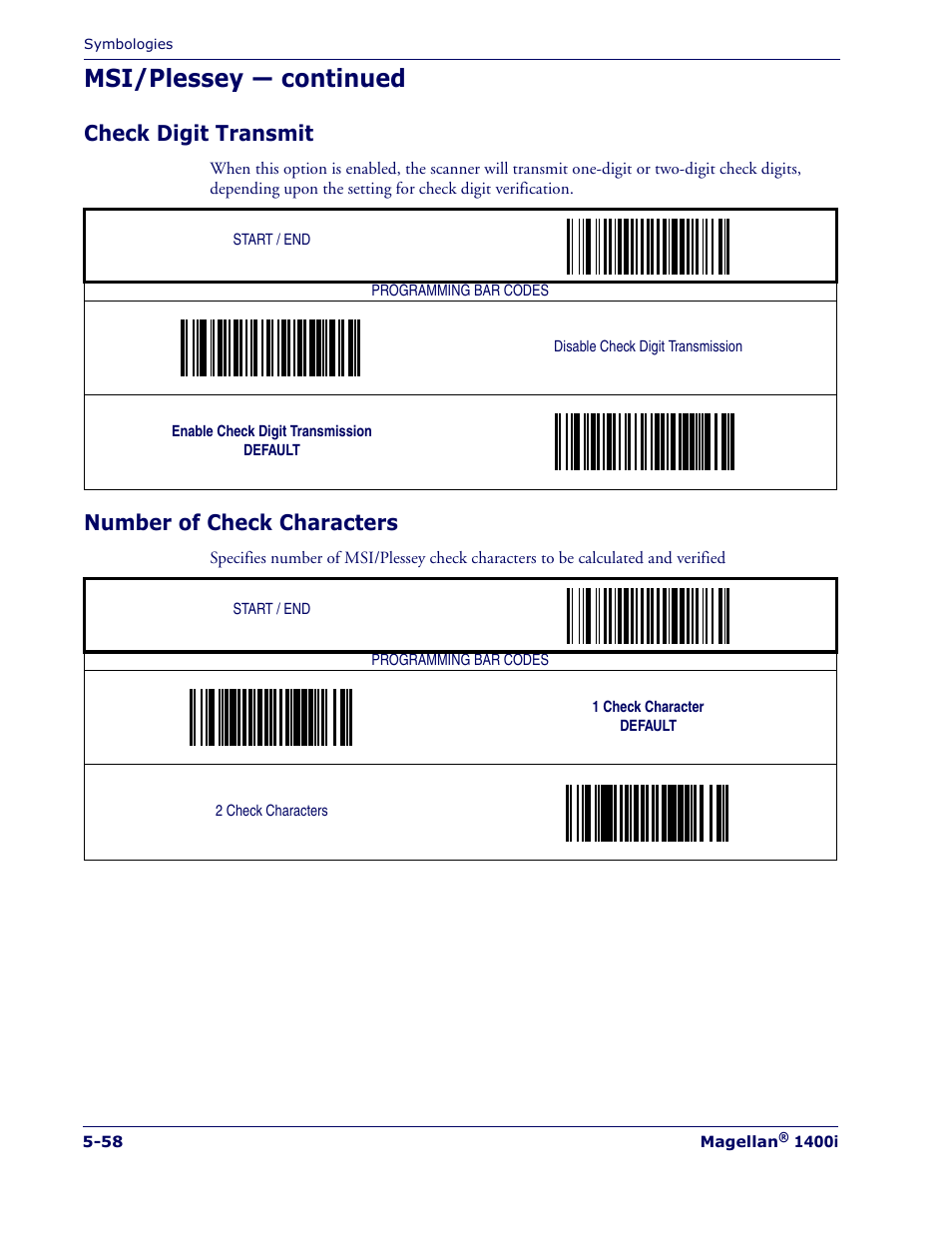 Check digit transmit, Number of check characters, Msi/plessey — continued | PSC 1400I User Manual | Page 134 / 180