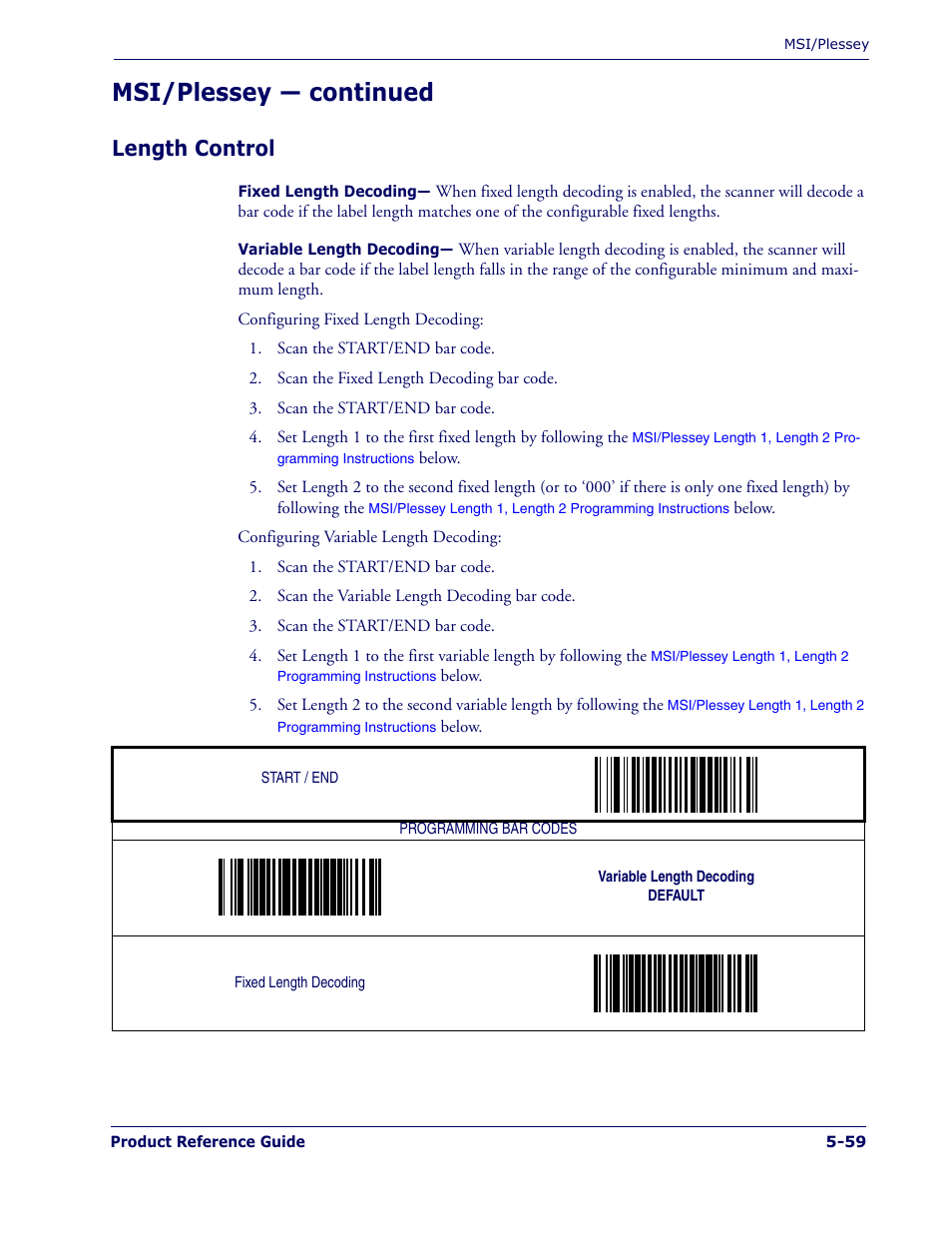 Length control, Length control -59, Msi/plessey — continued | PSC 1400I User Manual | Page 135 / 180