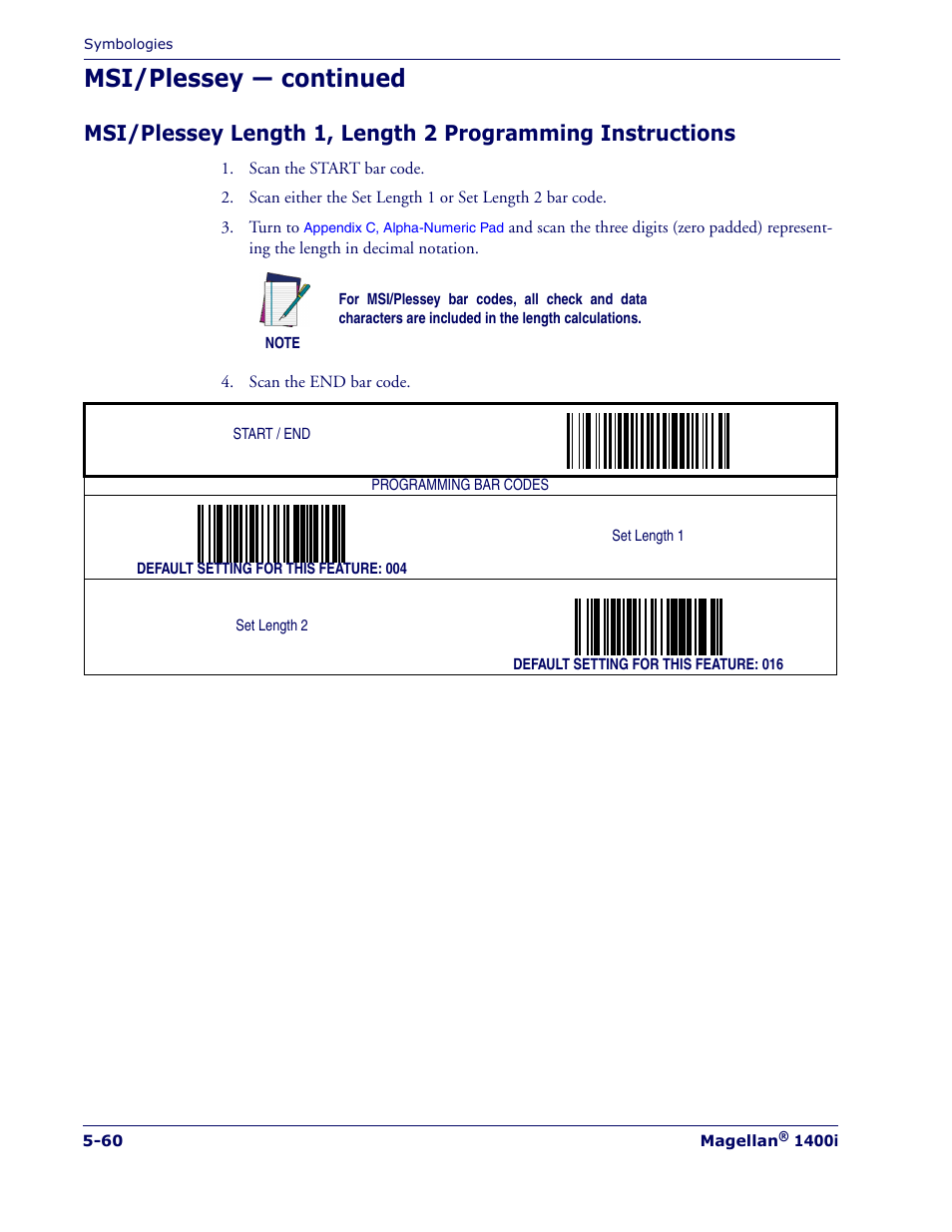 Msi/plessey length 1, length 2 pro, Gramming instructions, Ing the | Msi/plessey length 1, length 2, Programming instructions, Msi/plessey — continued | PSC 1400I User Manual | Page 136 / 180