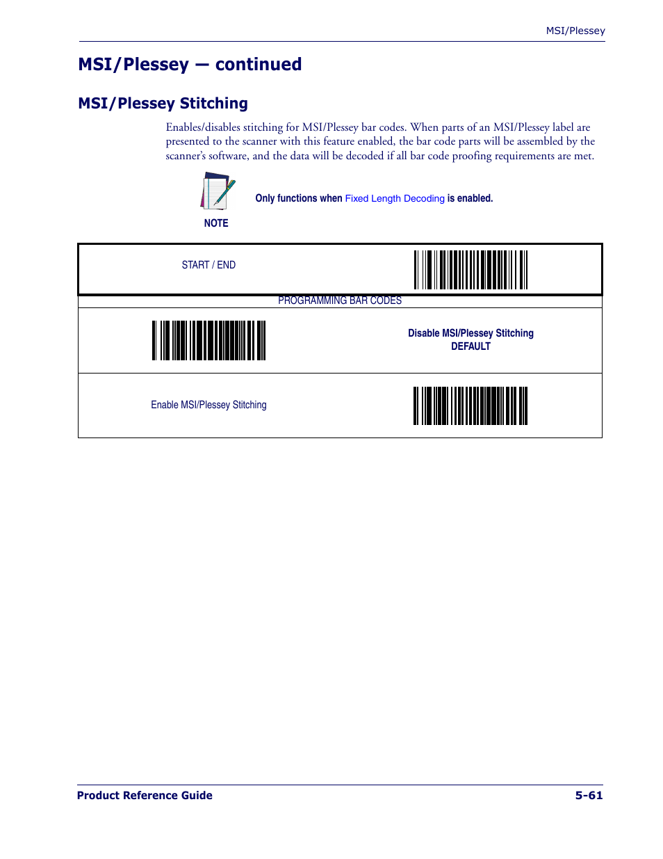 Msi/plessey stitching, Msi/plessey stitching -61, Msi/plessey — continued | PSC 1400I User Manual | Page 137 / 180