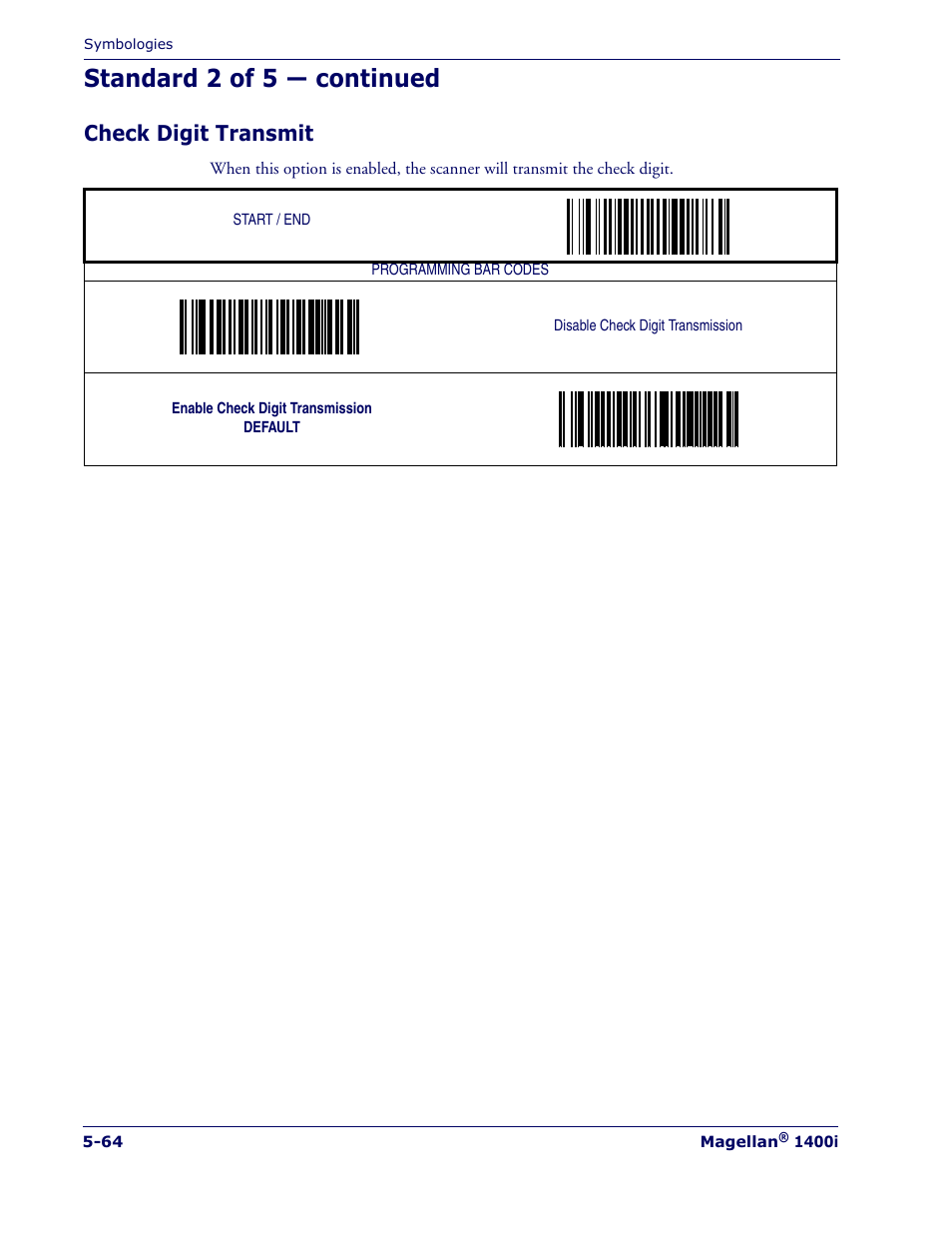 Check digit transmit, Check digit transmit -64, Standard 2 of 5 — continued | PSC 1400I User Manual | Page 140 / 180