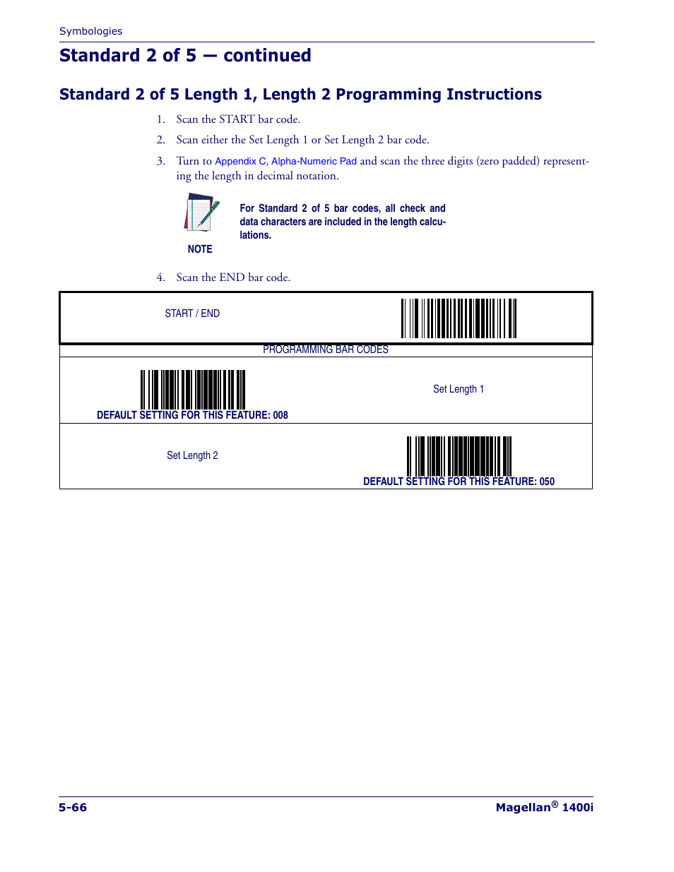 Standard 2 of 5 length 1, length 2, Programming instructions, Ing the | Standard 2 of 5 length 1, length, 2 programming instructions, Belo, Standard 2 of 5 — continued | PSC 1400I User Manual | Page 142 / 180
