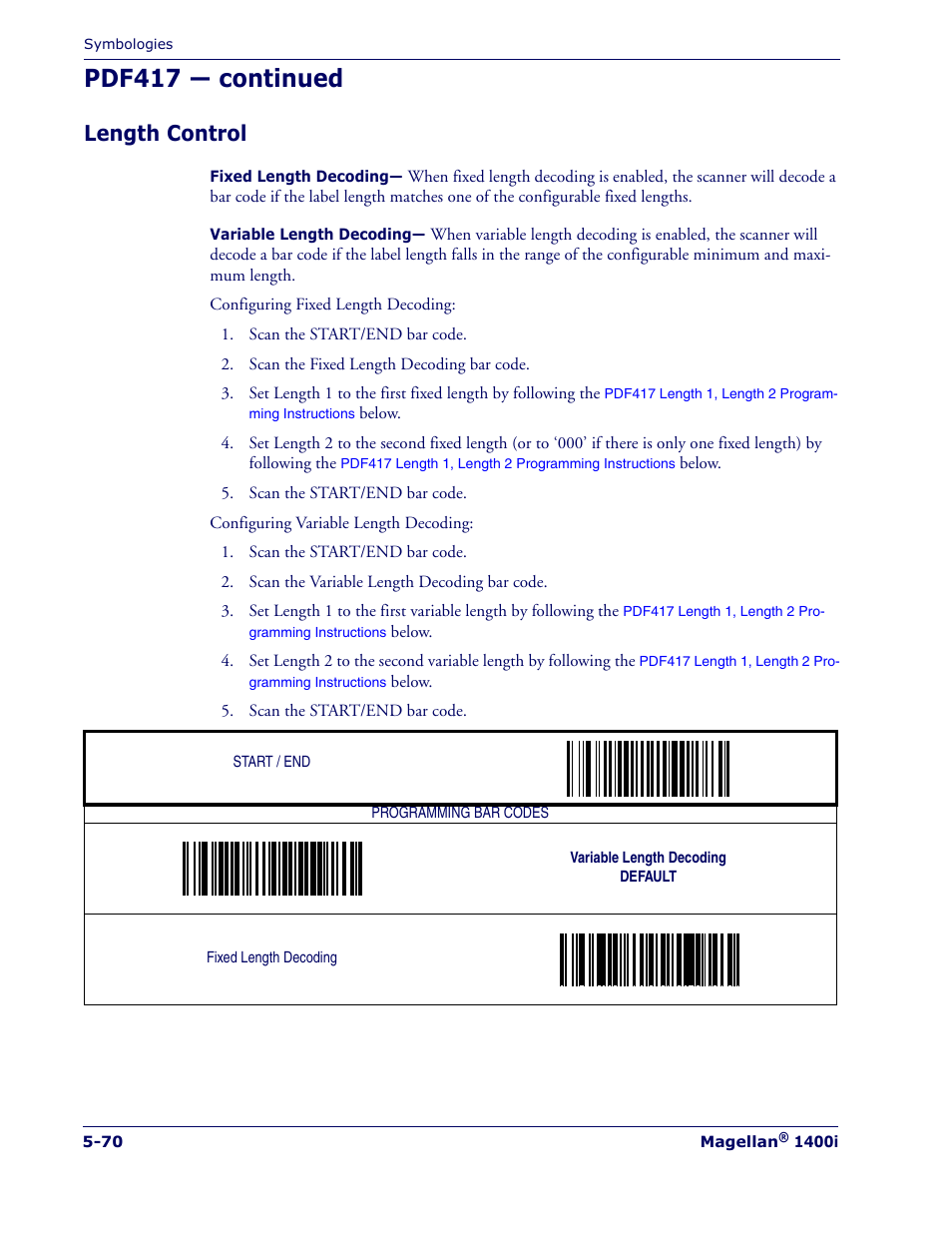 Length control, Length control -70, Pdf417 — continued | PSC 1400I User Manual | Page 146 / 180