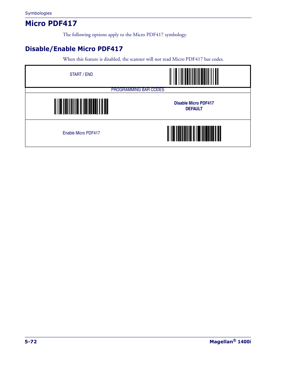 Micro pdf417, Disable/enable micro pdf417, Micro pdf417 -72 | Disable/enable micro pdf417 -72 | PSC 1400I User Manual | Page 148 / 180