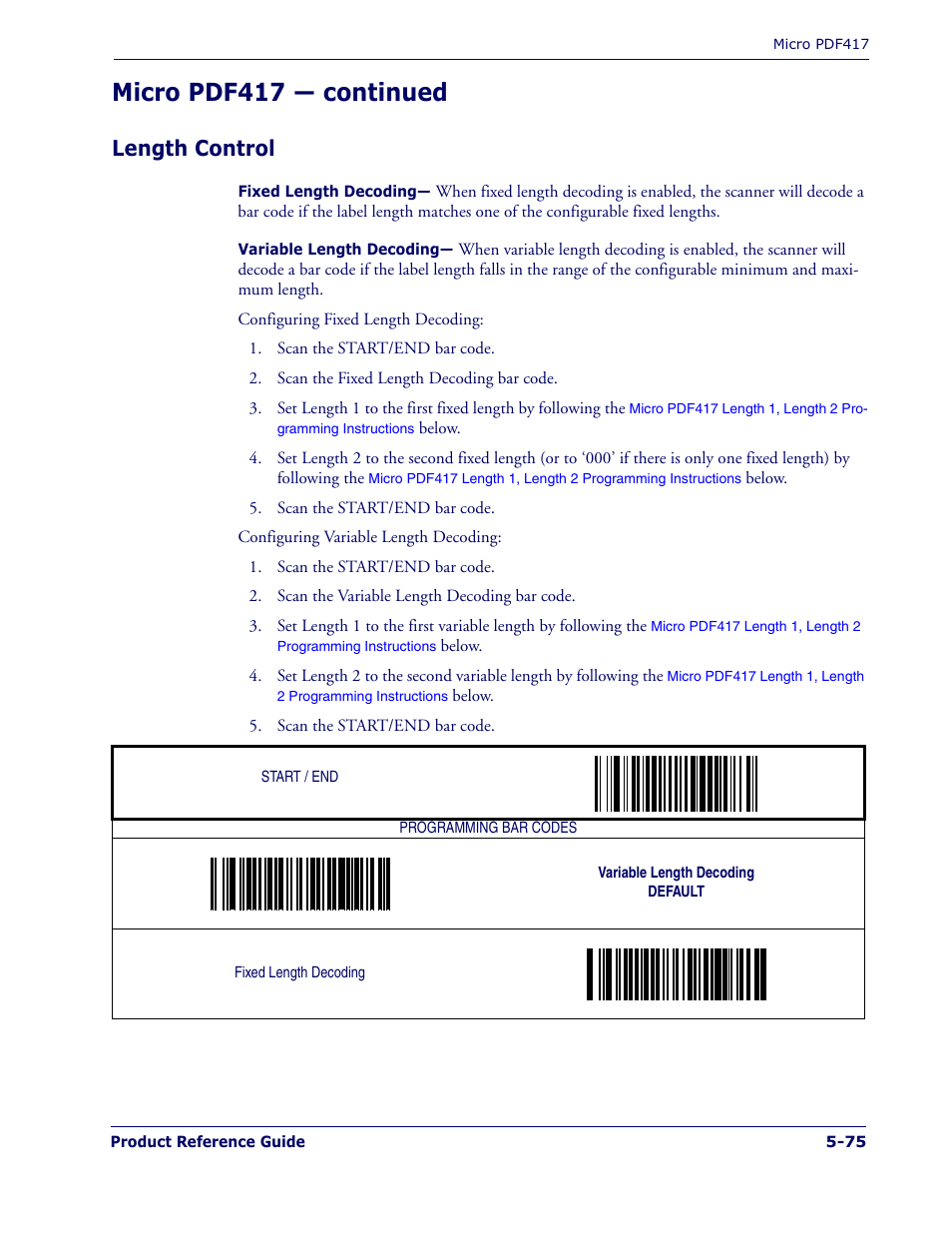 Length control, Length control -75, Micro pdf417 — continued | PSC 1400I User Manual | Page 151 / 180