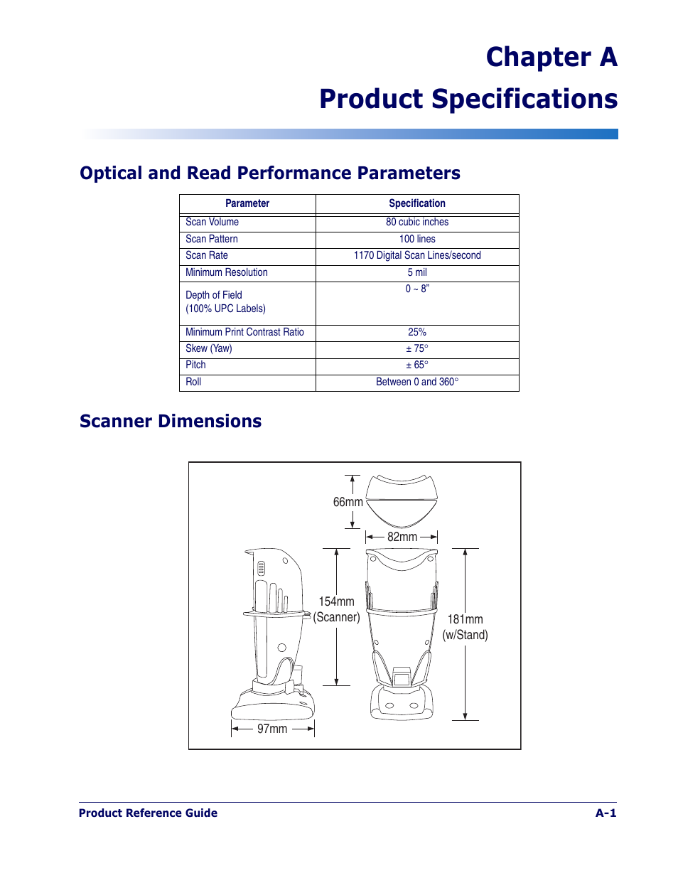 Product specifications, Optical and read performance parameters, Scanner dimensions | Chapter a product specifications | PSC 1400I User Manual | Page 153 / 180