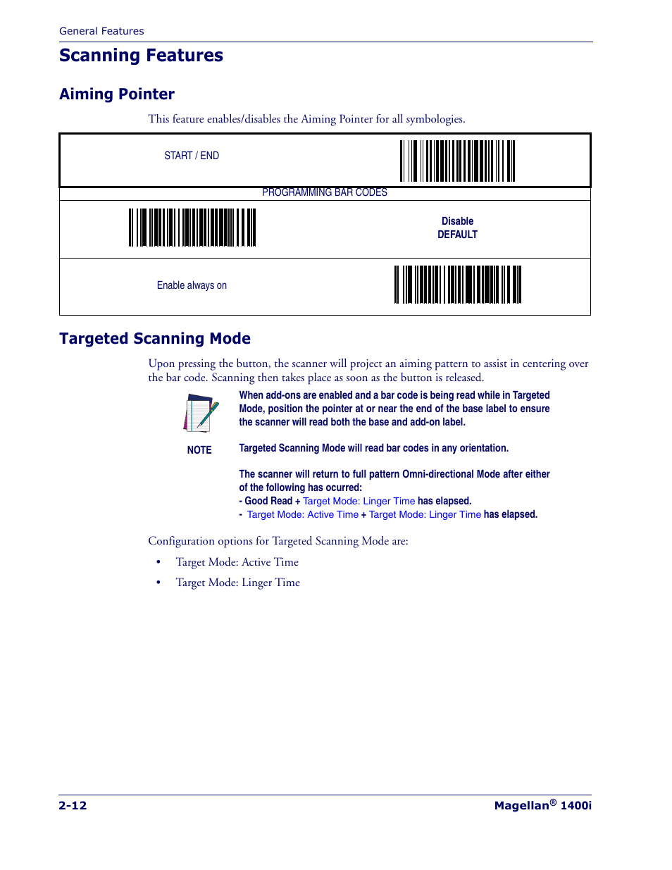 Scanning features, Aiming pointer, Targeted scanning mode | Scanning features -12, Aiming pointer -12 targeted scanning mode -12 | PSC 1400I User Manual | Page 24 / 180