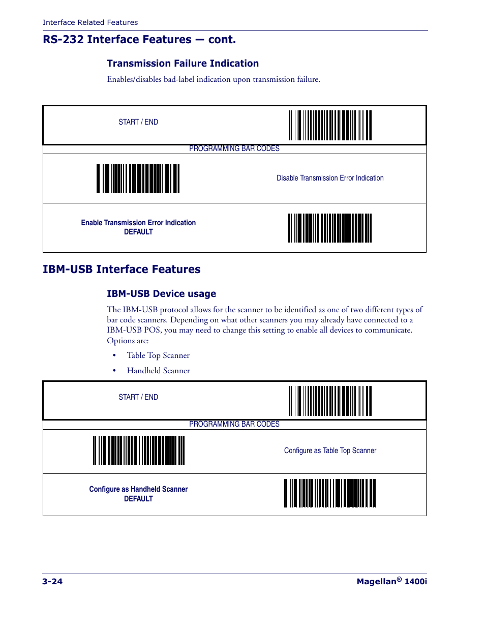 Ibm-usb interface features, Ibm-usb interface features -24, Rs-232 interface features — cont | PSC 1400I User Manual | Page 52 / 180