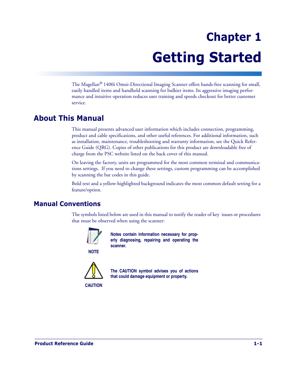 Getting started, About this manual, Manual conventions | About this manual -1, Manual conventions -1, Chapter 1 | PSC 1400I User Manual | Page 7 / 180