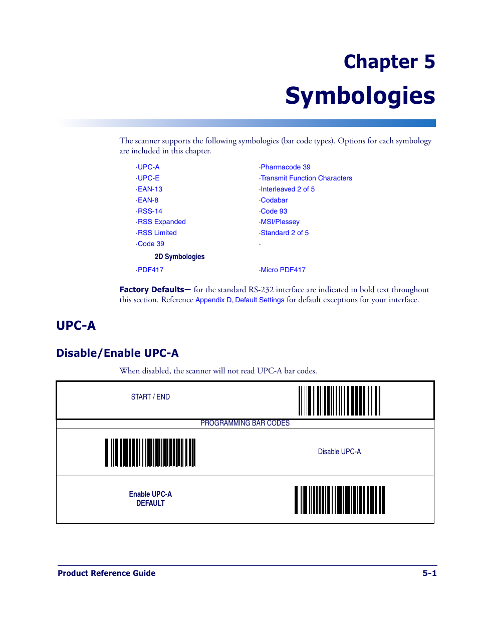 Symbologies, Upc-a, Disable/enable upc-a | Upc-a -1, Disable/enable upc-a -1, Chapter 5 | PSC 1400I User Manual | Page 77 / 180