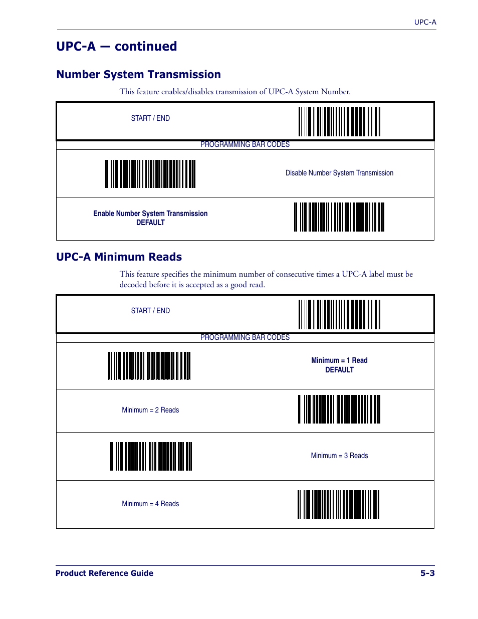 Number system transmission, Upc-a minimum reads, Upc-a — continued | PSC 1400I User Manual | Page 79 / 180