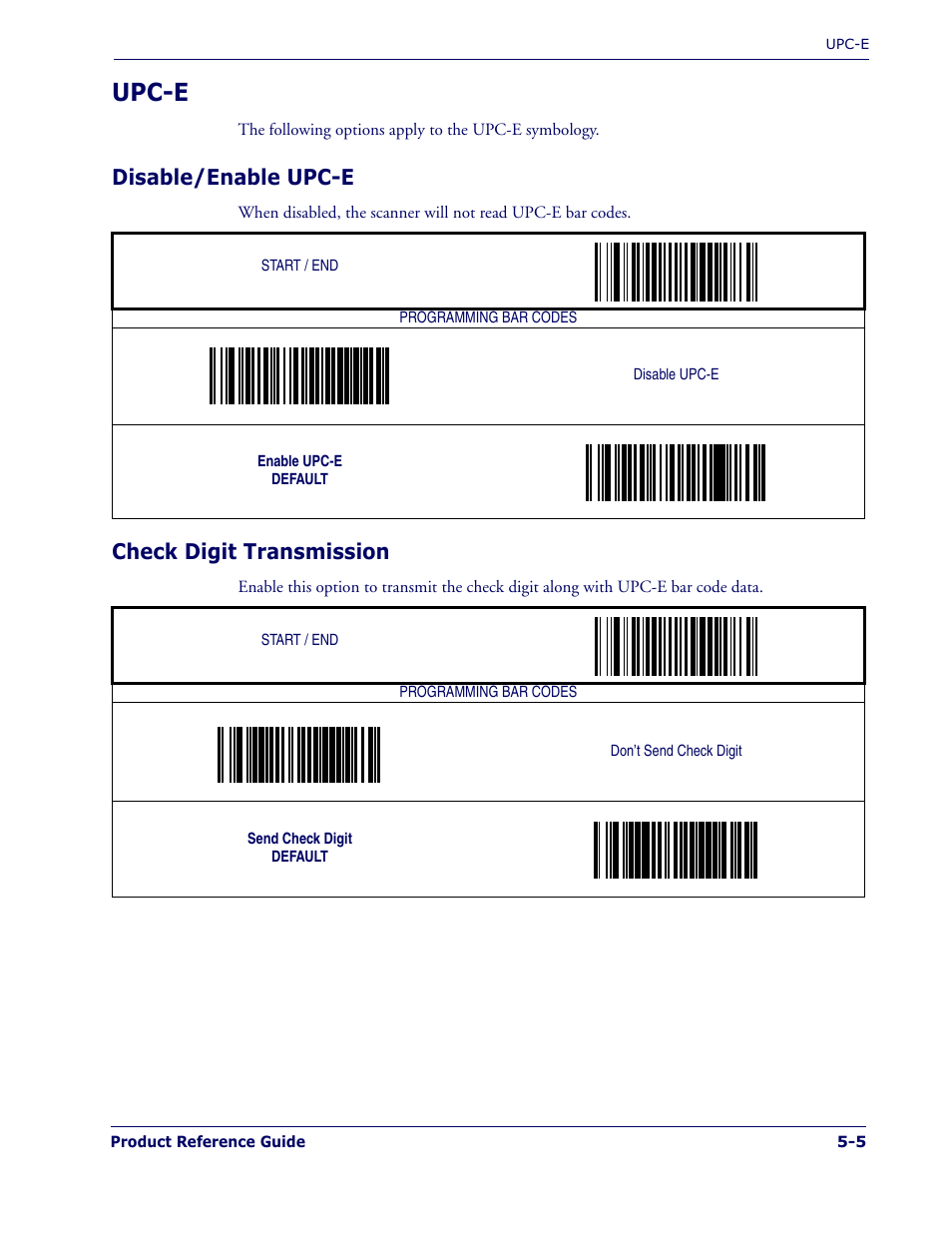 Upc-e, Disable/enable upc-e, Check digit transmission | Upc-e -5 | PSC 1400I User Manual | Page 81 / 180
