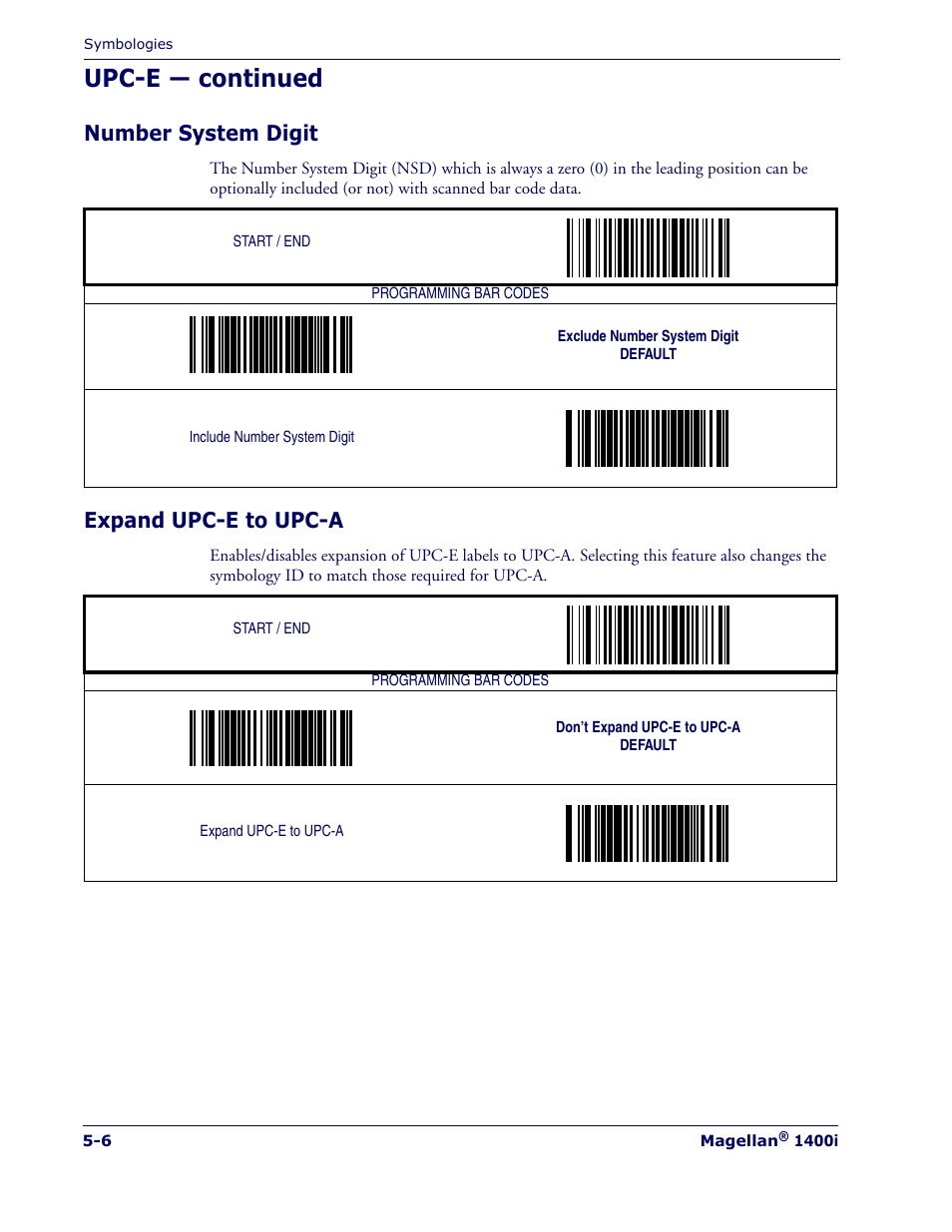 Number system digit, Expand upc-e to upc-a, Number system digit -6 expand upc-e to upc-a -6 | Upc-e — continued | PSC 1400I User Manual | Page 82 / 180