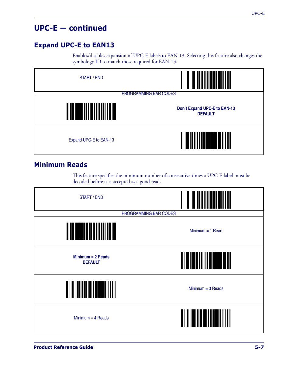 Expand upc-e to ean13, Minimum reads, Expand upc-e to ean13 -7 | Minimum reads -7, Upc-e — continued | PSC 1400I User Manual | Page 83 / 180