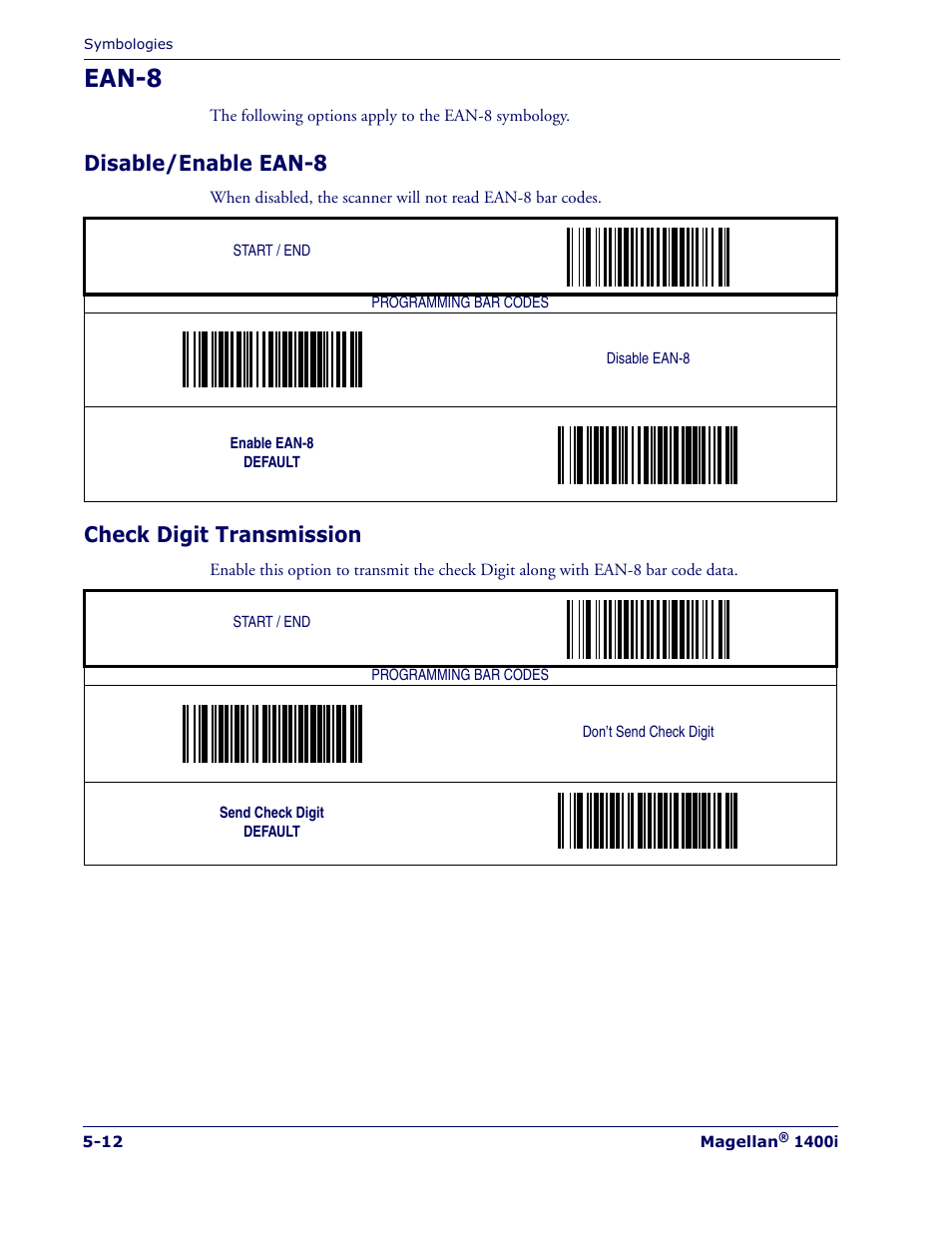 Ean-8, Disable/enable ean-8, Check digit transmission | Ean-8 -12 | PSC 1400I User Manual | Page 88 / 180