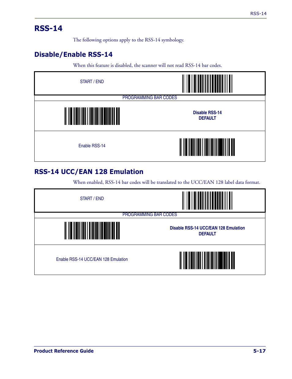 Rss-14, Disable/enable rss-14, Rss-14 ucc/ean 128 emulation | Rss-14 -17 | PSC 1400I User Manual | Page 93 / 180