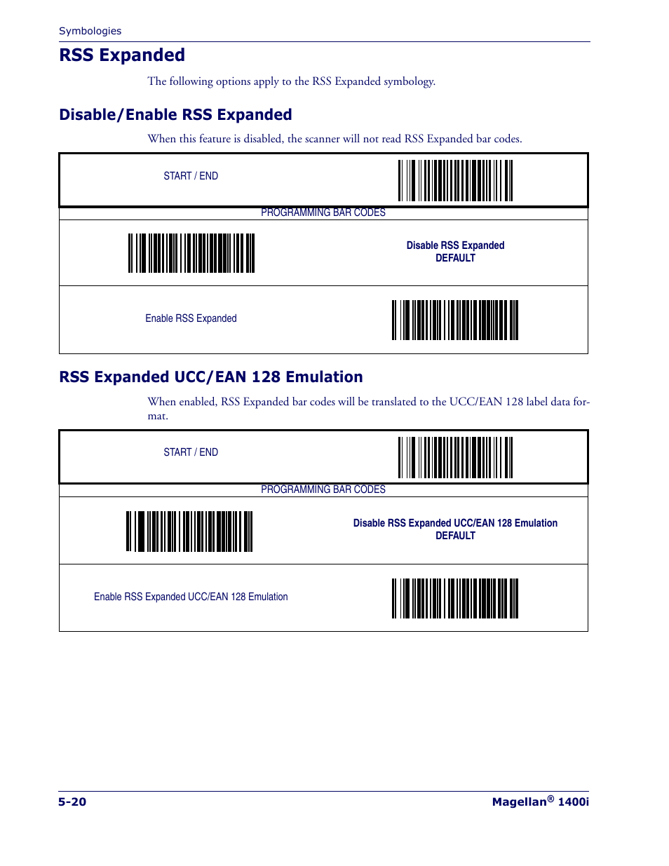 Rss expanded, Disable/enable rss expanded, Rss expanded ucc/ean 128 emulation | Rss expanded -20 | PSC 1400I User Manual | Page 96 / 180