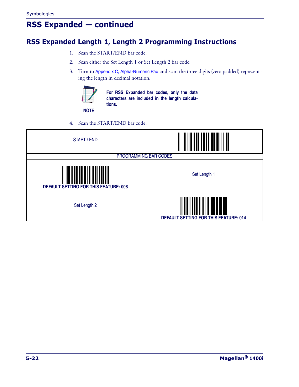 Rss expanded length 1, length 2, Programming instructions, Ing the | Rss expanded length 1, Length 2 programming instructions, Belo, Rss expanded — continued | PSC 1400I User Manual | Page 98 / 180