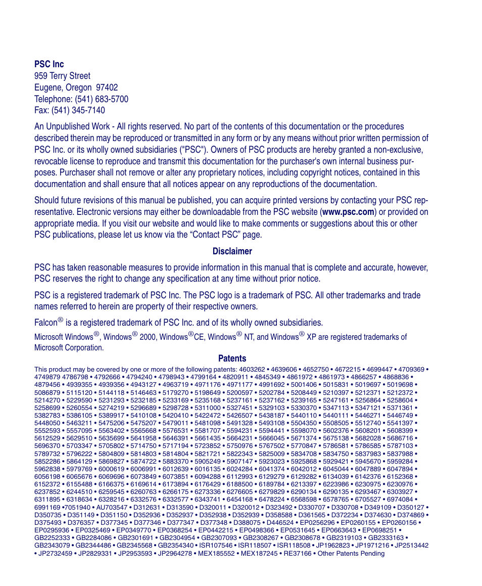 PSC Falcon 4410 User Manual | Page 2 / 16